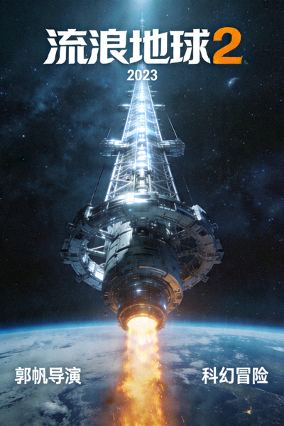 《流浪地球2》电影海报，太空电梯与行星发动机